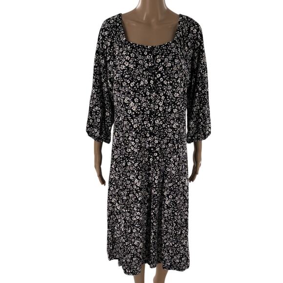 J.Jill White Floral Square Neck Black Button Down Midi Dress - Picture 4 of 12